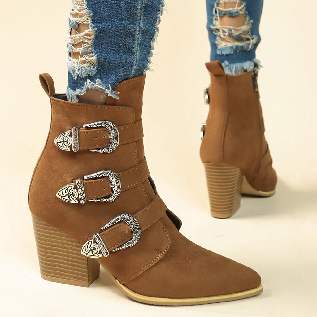 Sarah Express Retro Pointed Toe Chunky Heel Boots