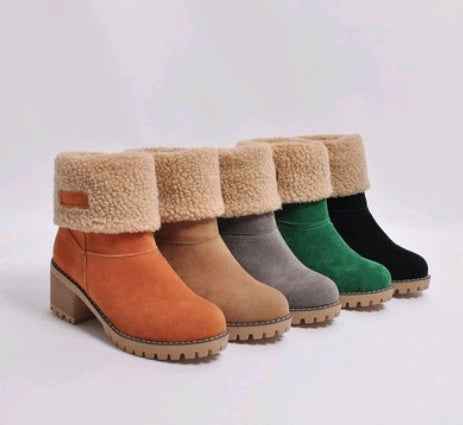 Sarah Express Premium Suede Snow Boots Women - Mid-Tube Thick Heel Winter Boots