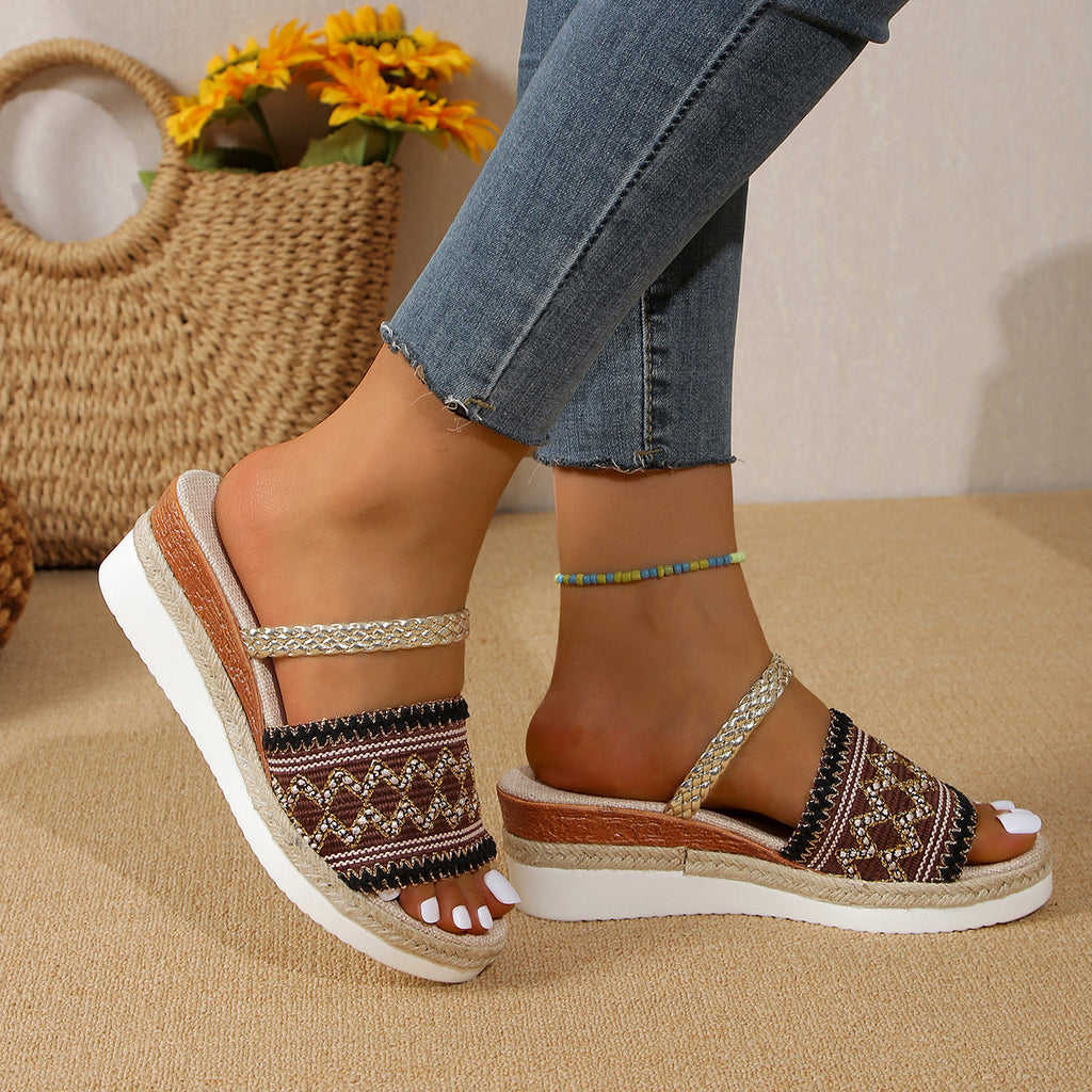 Sarah Express Ethnic Pattern Wedge Sandals Summer Slides