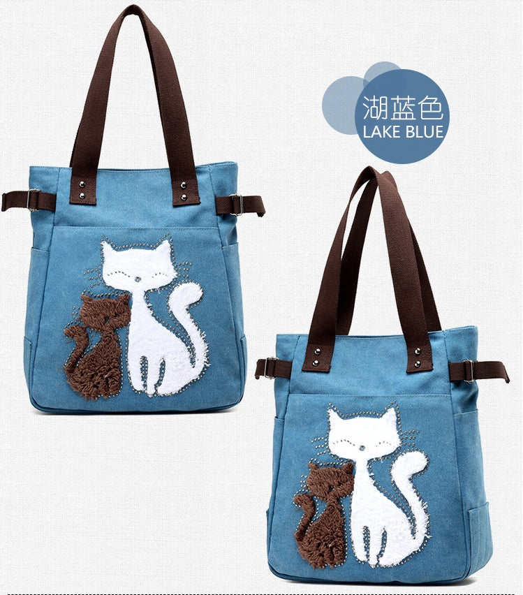 Sarah Express Canvas Tote Bag with Cat Applique