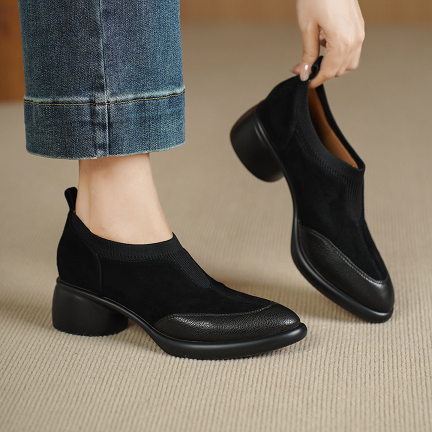 Sarah Express Suede Mary Jane Chunky Heel Pumps