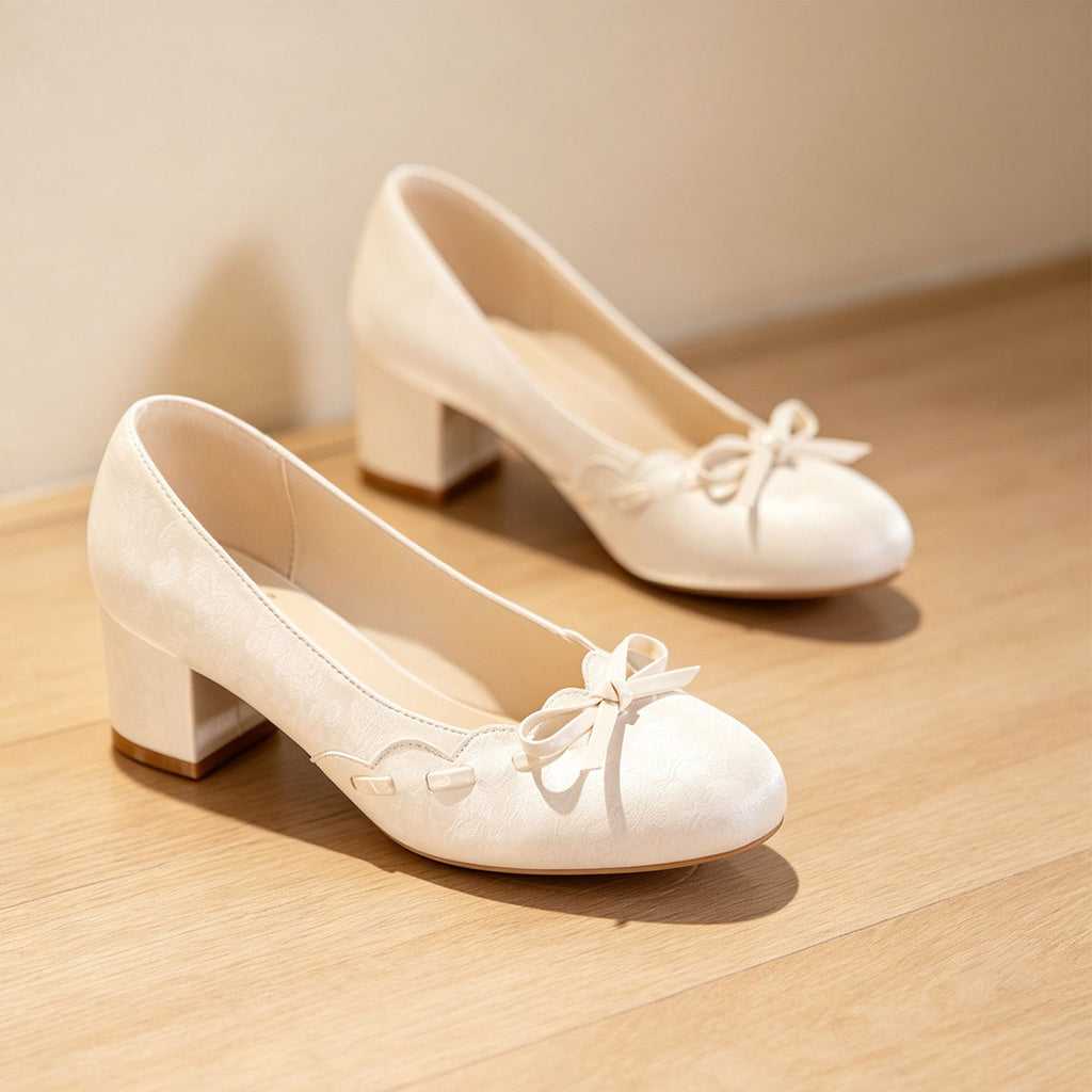 Sarah Express Ivory Jacquard Satin Bow Block Heels