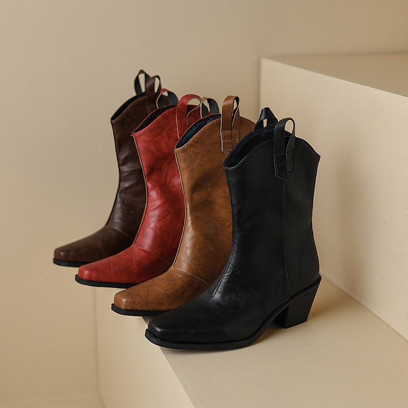 Sarah Express Retro Square Toe Chunky Heel Boots