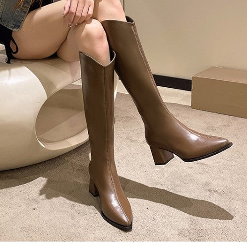 Sarah Express Chunky Heel Pointed Toe Mid-Calf Boots