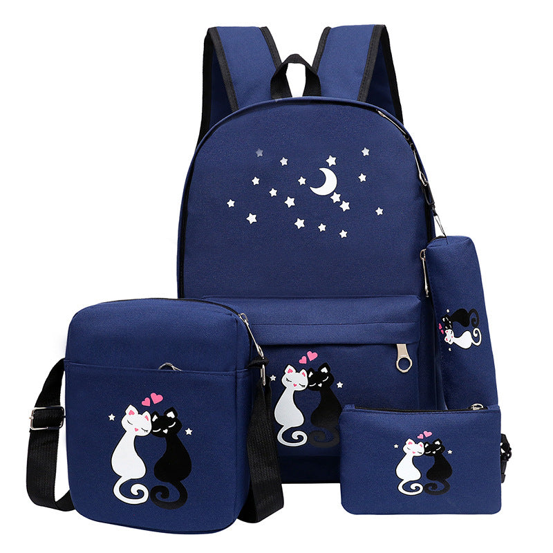 Sarah Express Cartoon Cat Print Canvas Backpack Set