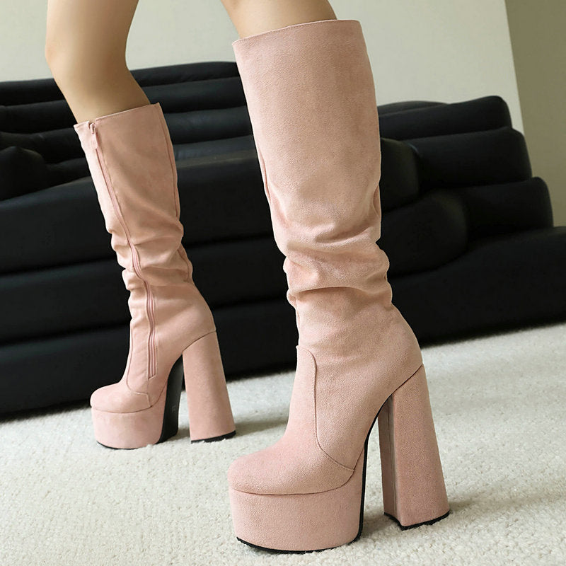 Sarah Express Stretch Suede Chunky High Heel Boots