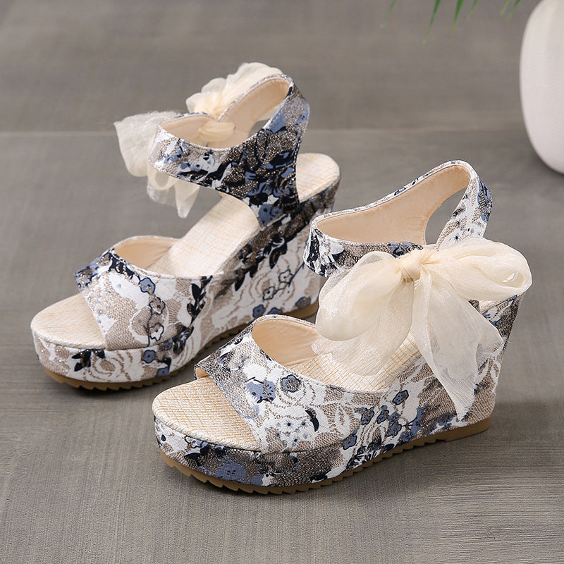 Sarah Express Printed Lace-Up Round Toe Wedge Sandals