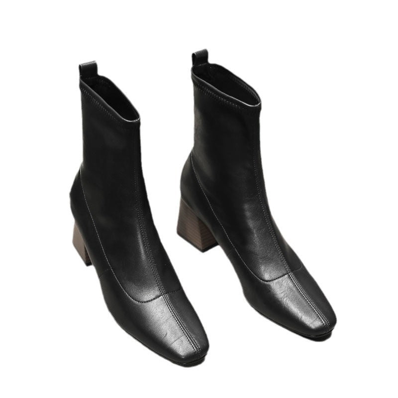 Sarah Express Minimalist Square Toe Chunky Heel Boots