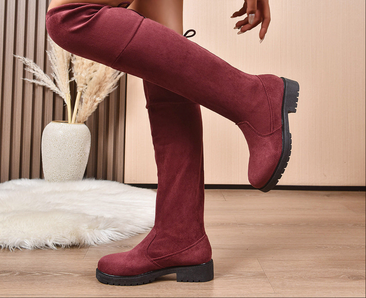 Burgundy Suede Lace-Up Knee High Boots – lace-up detail alternate view