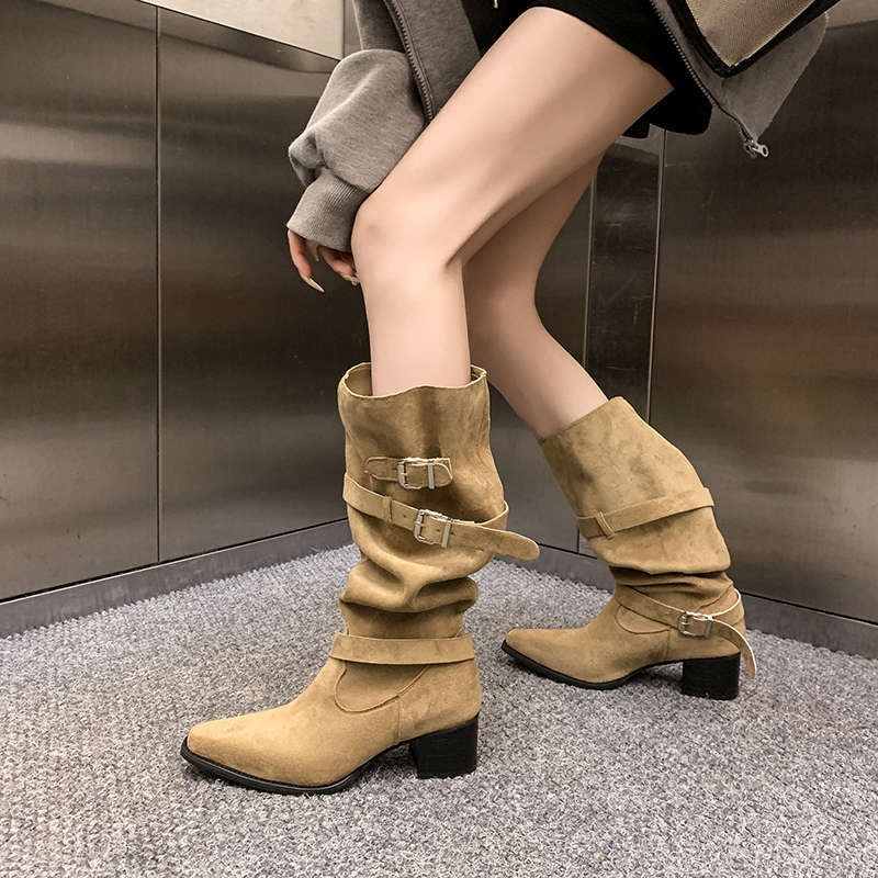 Sarah Express Suede Pointed Toe Chunky Heel Boots