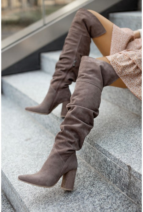 Sarah Express Suede Pointed Toe High Heel Boots