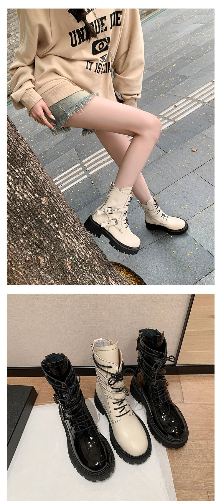 Sarah Express French Style Buckle Platform Motorcycle Boots