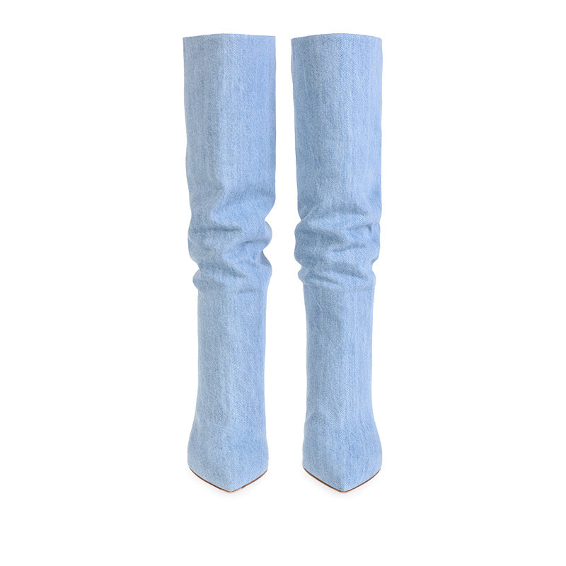 Sarah Express Women's Denim Stiletto Knee-High Boots