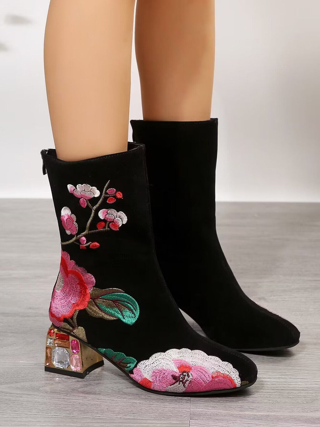 Sarah Express Vintage Floral Embroidered Mid-Calf Boots