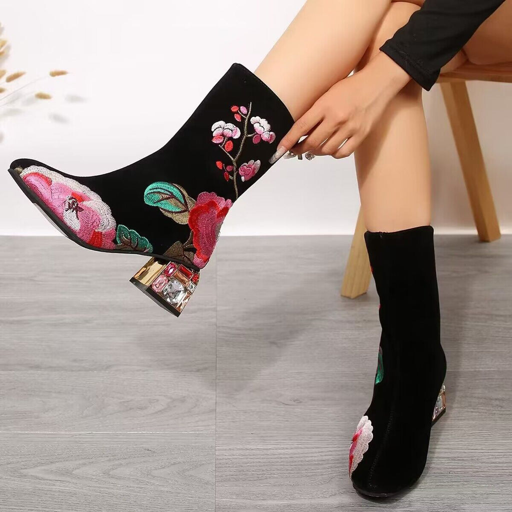 Sarah Express Vintage Floral Embroidered Mid-Calf Boots