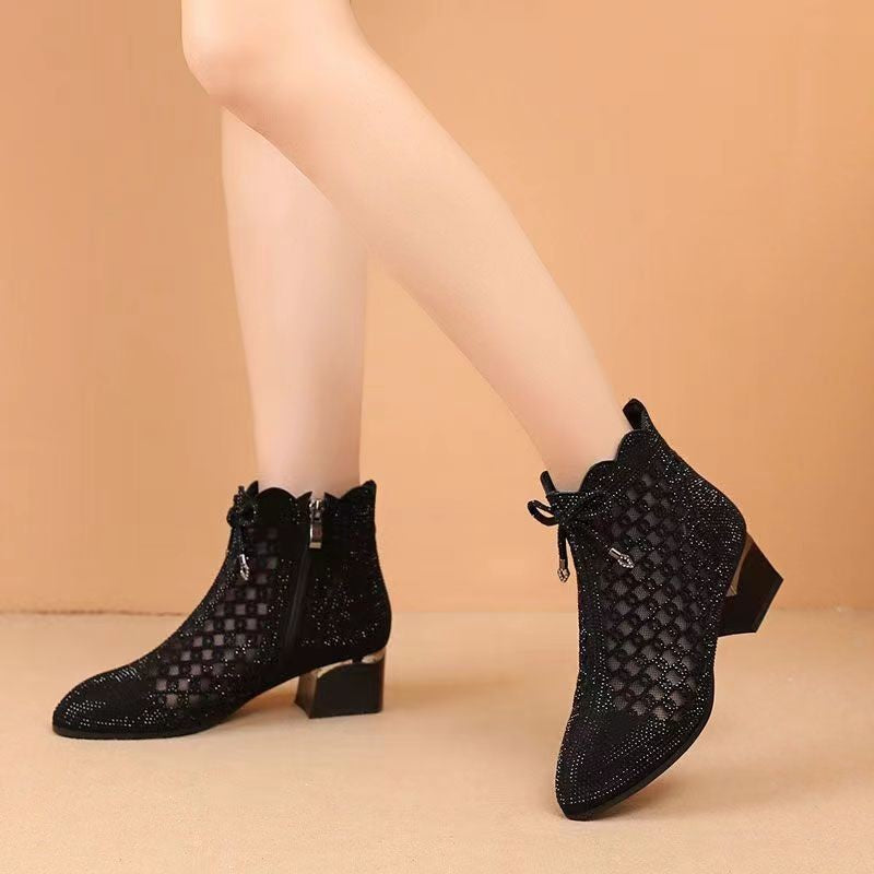 Sarah Express Rhinestone Mesh Cutout Ankle Boots
