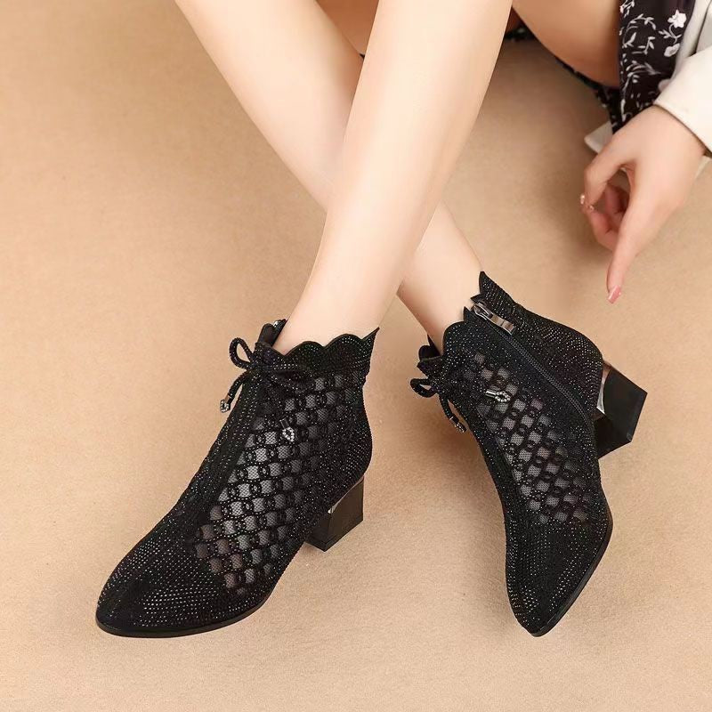 Sarah Express Rhinestone Mesh Cutout Ankle Boots