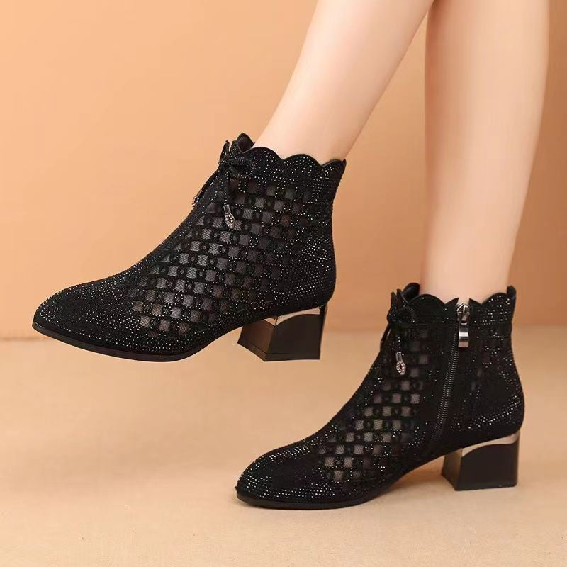 Sarah Express Rhinestone Mesh Cutout Ankle Boots