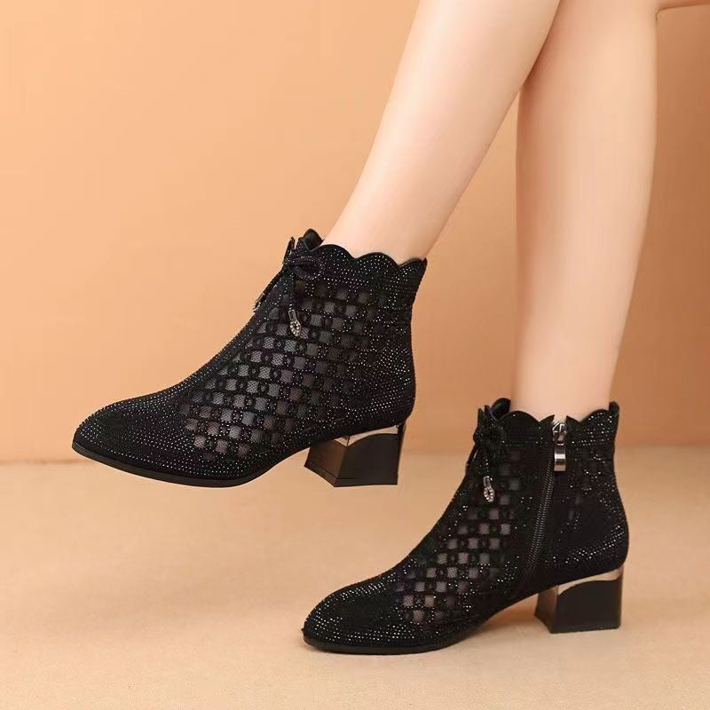Sarah Express Rhinestone Mesh Cutout Ankle Boots