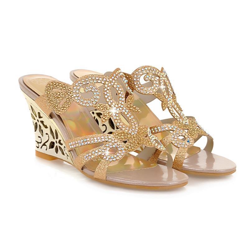 Sarah Express Rhinestone Wedge Sandals Peep Toe Slides Gold