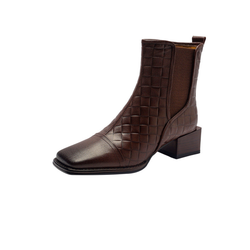 Sarah Express Woven Square-Toe Chunky-Heel Ankle Boots