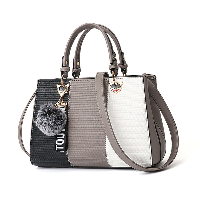 Sarah Express Patchwork Messenger Bag with Hairball Ornament Grey