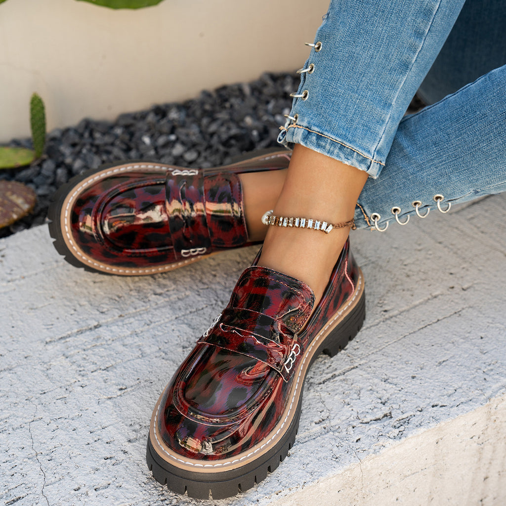 Sarah Express Leopard Print Patent Leather Chunky Loafers