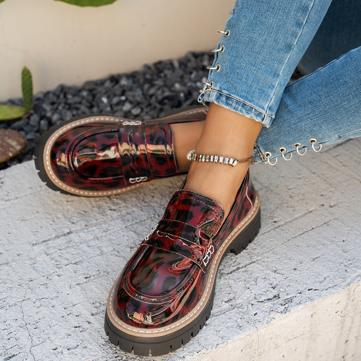 Sarah Express Leopard Print Patent Leather Chunky Loafers