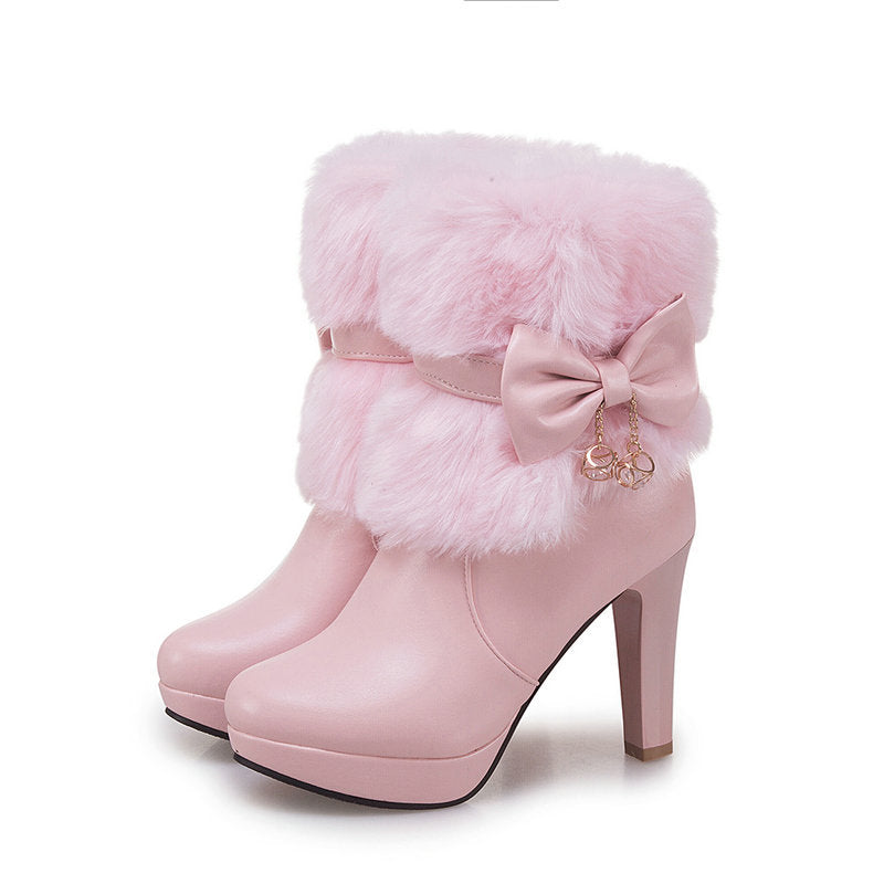 Sarah Express Faux Fur Trim Thick Heel Boots Pink