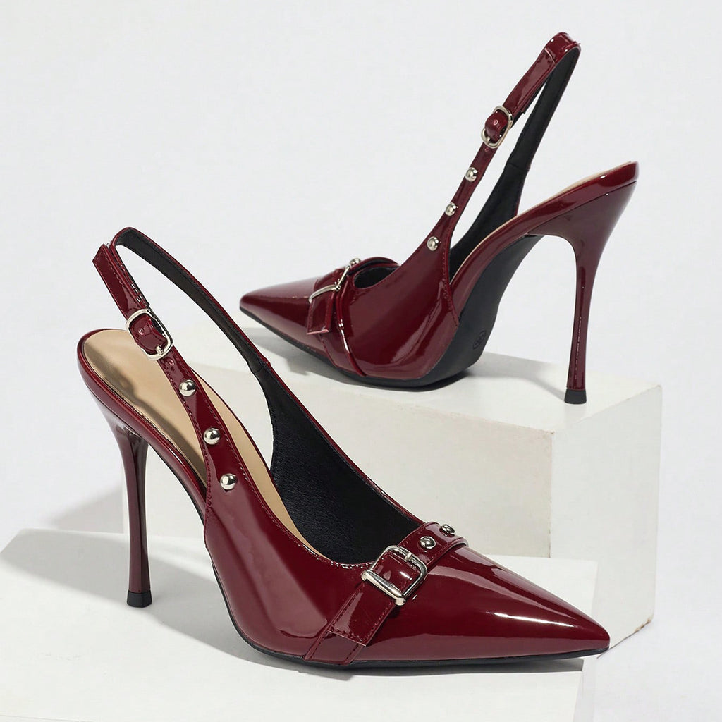 Sarah Express Pointed-Toe Stiletto Heels with Rivet Detail Wine Red