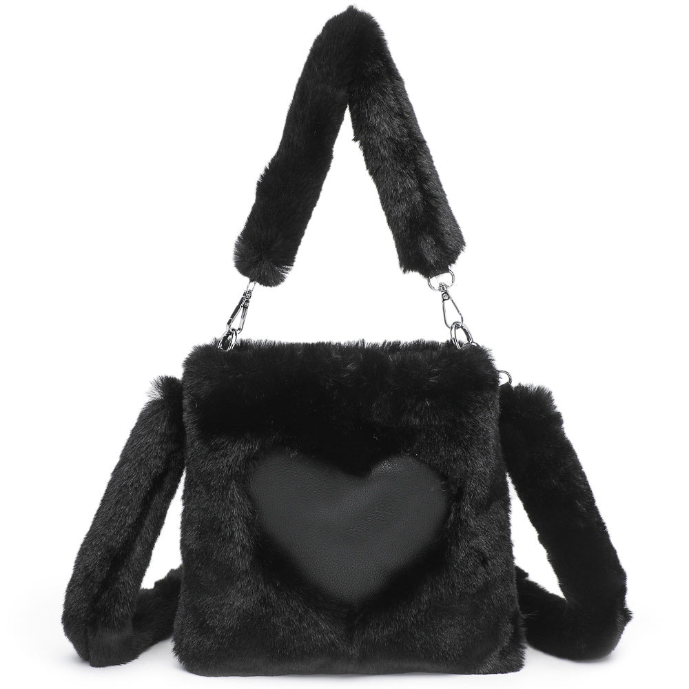 Sarah Express Plush Heart Detail Messenger Bag Black 22x22x4CM