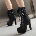 Sarah Express Chunky Heel Rivet Lace-Up Ankle Boots Black