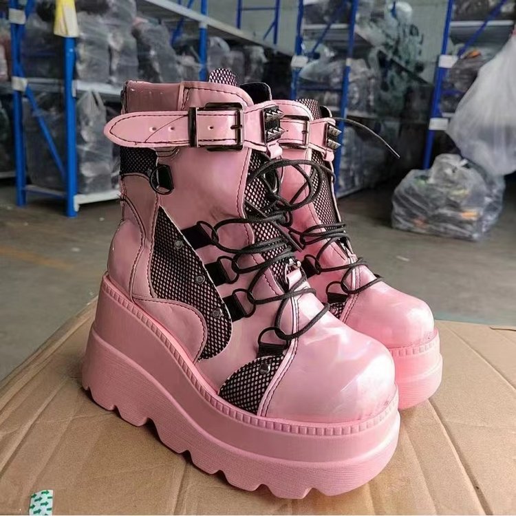 Sarah Express Platform Gothic Mid-Calf Lace-Up Boots Pink 41