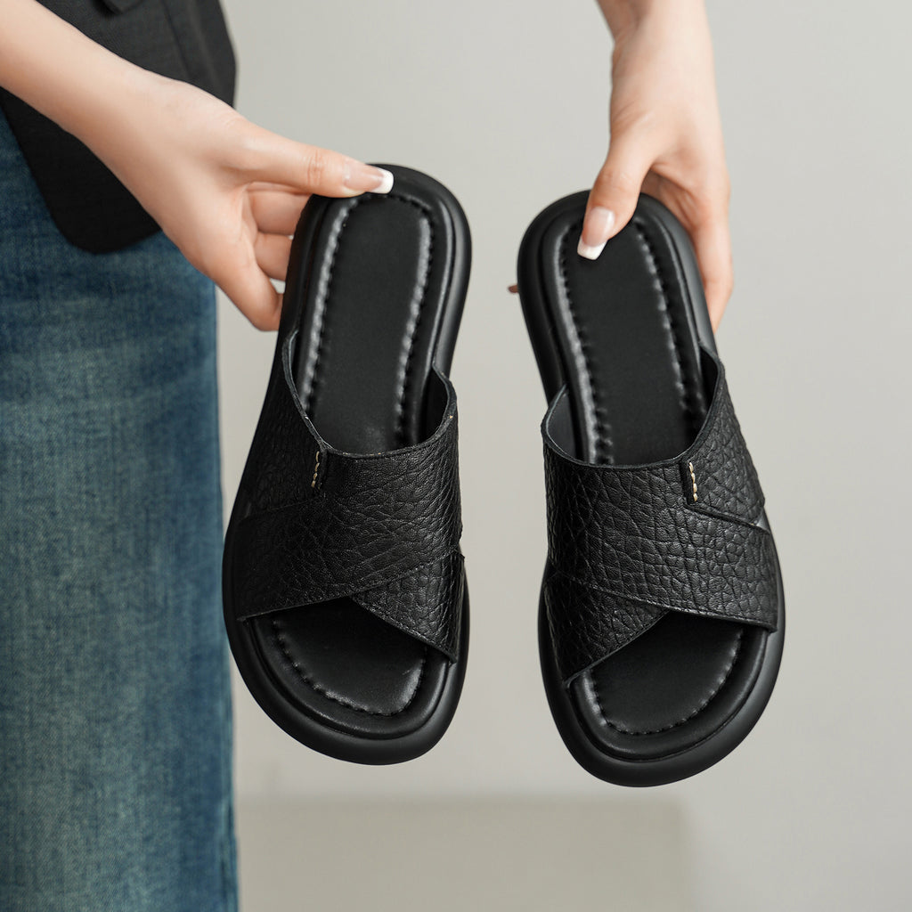 Sarah Express Sheepskin Crisscross Platform Slide Sandals