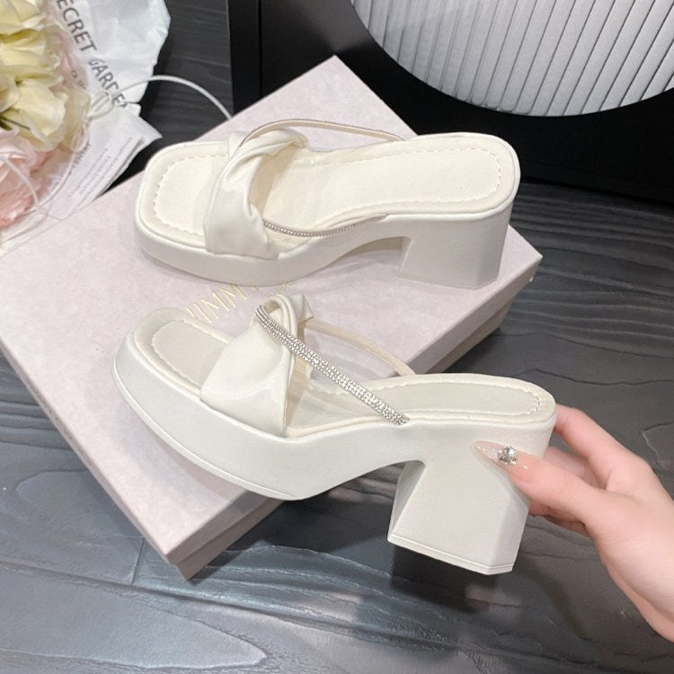 Sarah Express Rhinestone Block Heel Square Toe Sandals