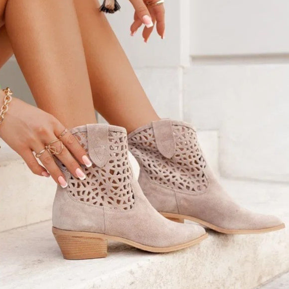 Sarah Express Women's Cutout Suede Chunky Heel Boots