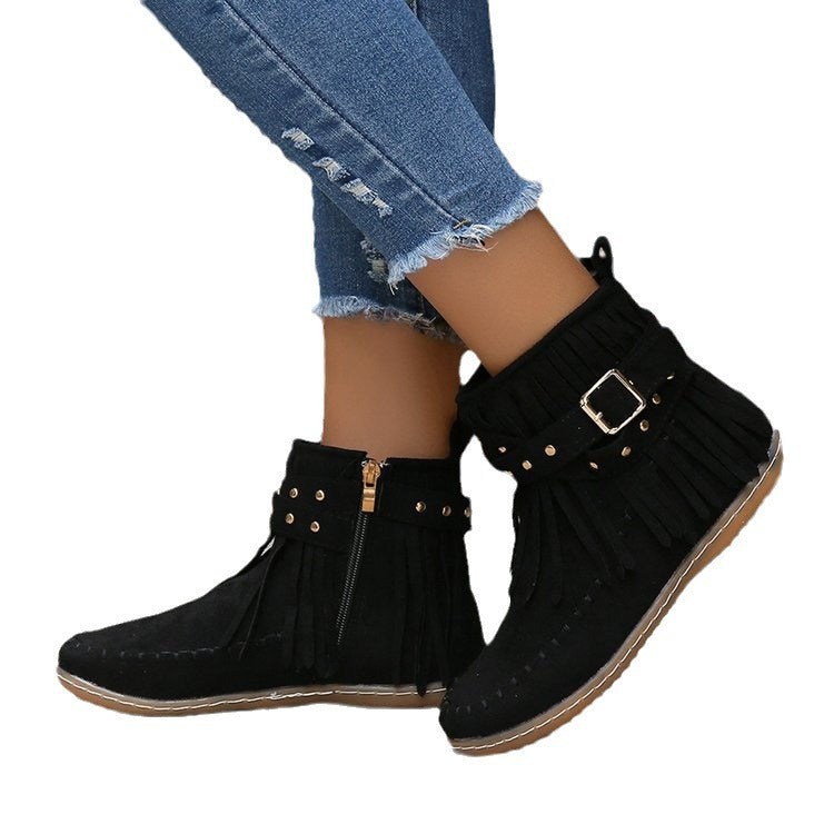 Sarah Express Women's Retro Suede Fringe Buckle Boots