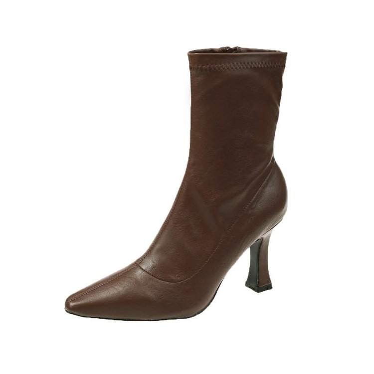 Sarah Express Retro Mid-Calf Pointed Toe Stiletto Boots Brown