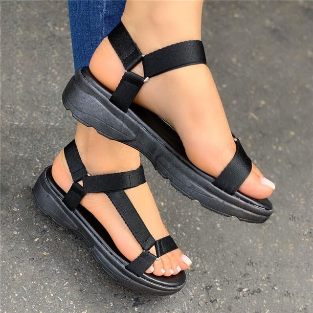 Sarah Express Adjustable Strap Flat Sport Sandals Black