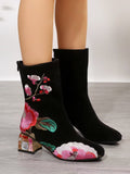 Sarah Express Vintage Floral Embroidered Mid-Calf Boots Black