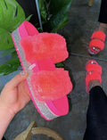 Sarah Express Women's Rhinestone Platform Fur Slides Pink B