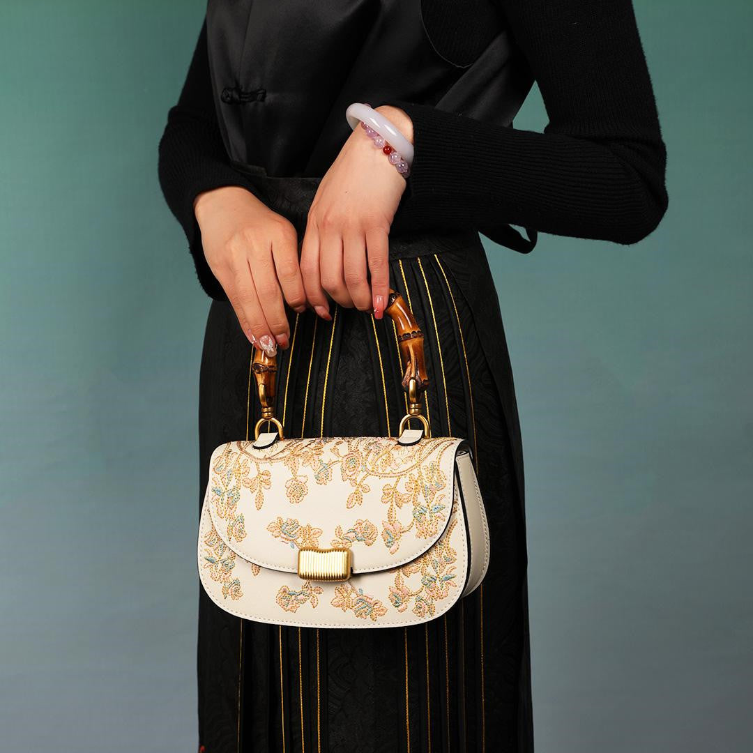 Sarah Express Embroidered Cowhide Bamboo Handle Handbag White