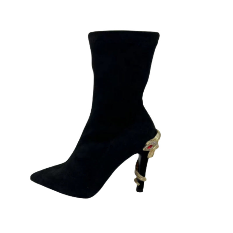 Sarah Express Black Suede Stiletto Snake Heel Boots Black