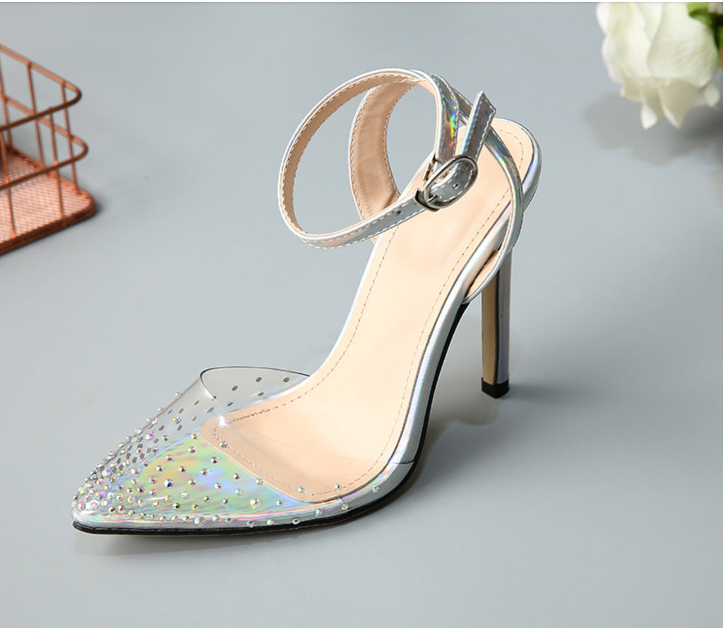Sarah Express Pointed Toe Stiletto Sandals with Rhinestones