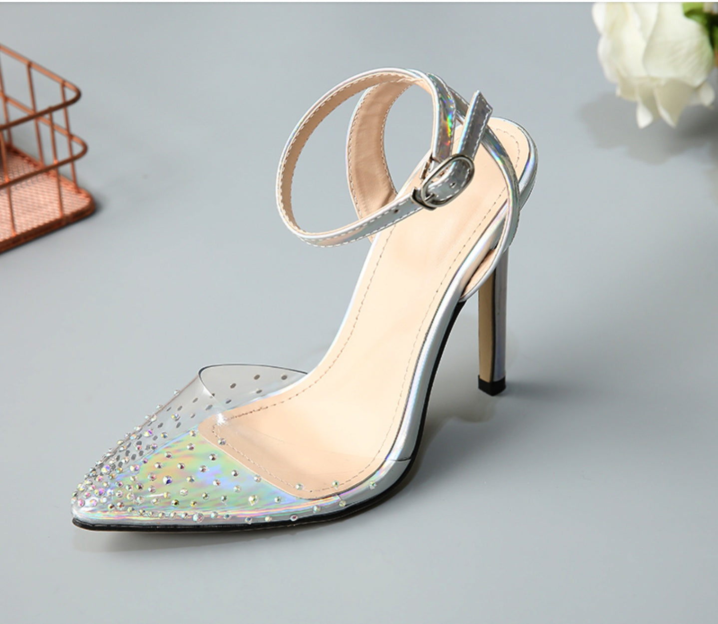 Sarah Express Pointed Toe Stiletto Sandals with Rhinestones