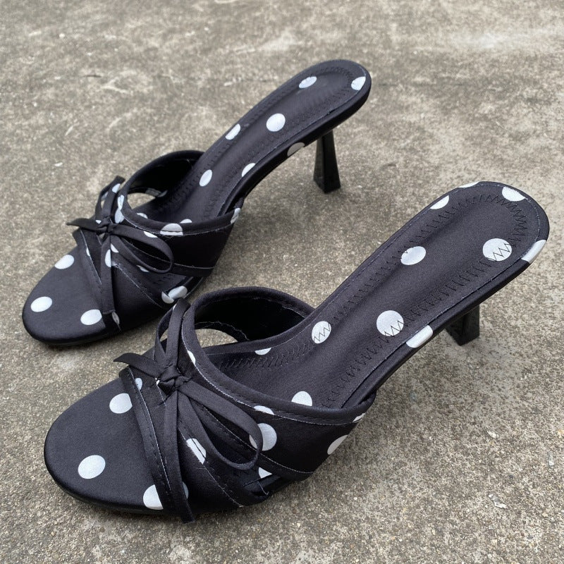 Sarah Express Polka Dot Satin Bow High Heel Slippers Black