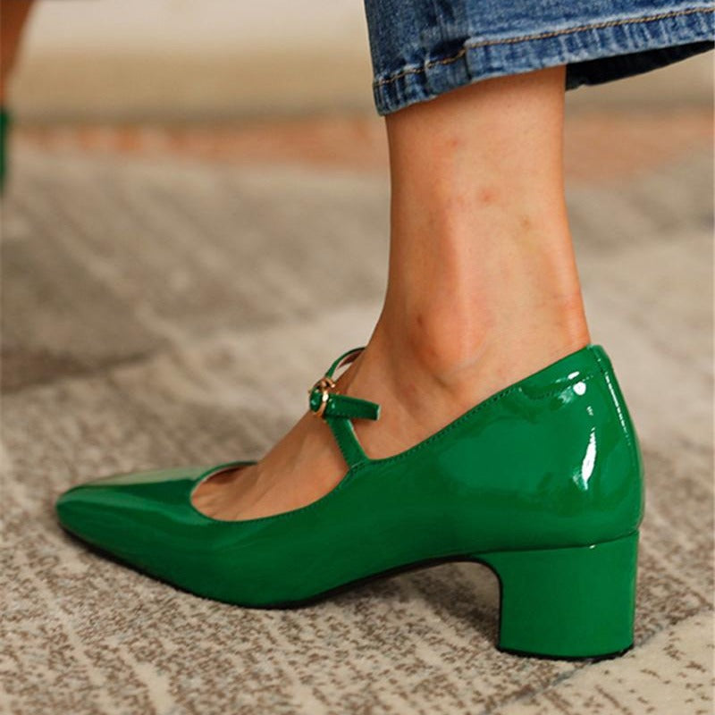 Sarah Express Square-Toe Mid-Heel Buckle Mule Pumps