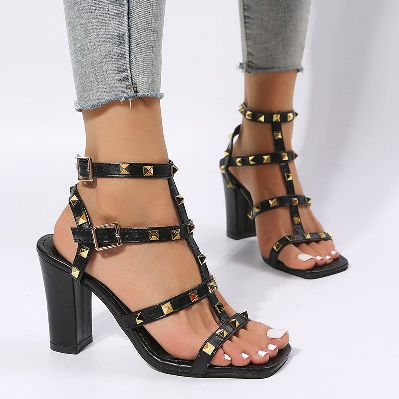 Sarah Express Studded Square-Toe Buckle Strap Gladiator Sandals Black