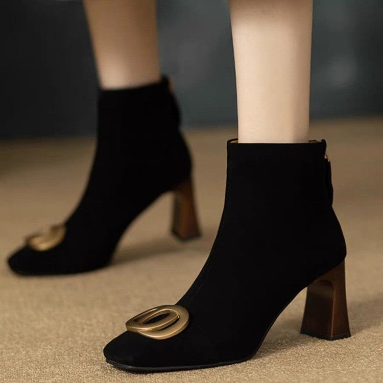 Sarah Express Retro Square Toe Chunky Heel Boots