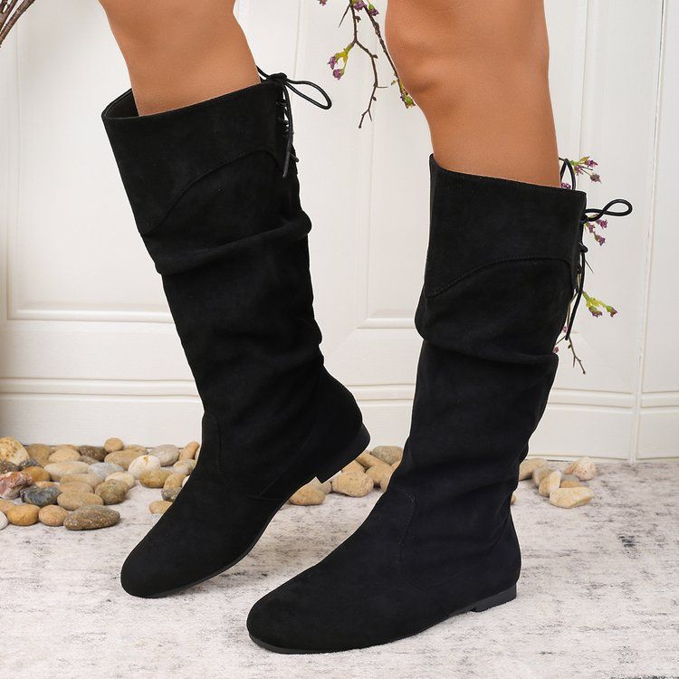 Sarah Express Pleated PU Leather Mid-Calf Chunky Heel Boots
